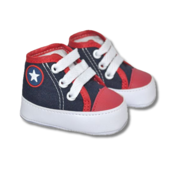 TÊNIS CANO ALTO JEANS COM VERMELHO